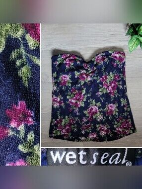 Wet Seal Vintage Floral Lace Strapless Navy & Pink Long Tube Top, Junior Med 7-9